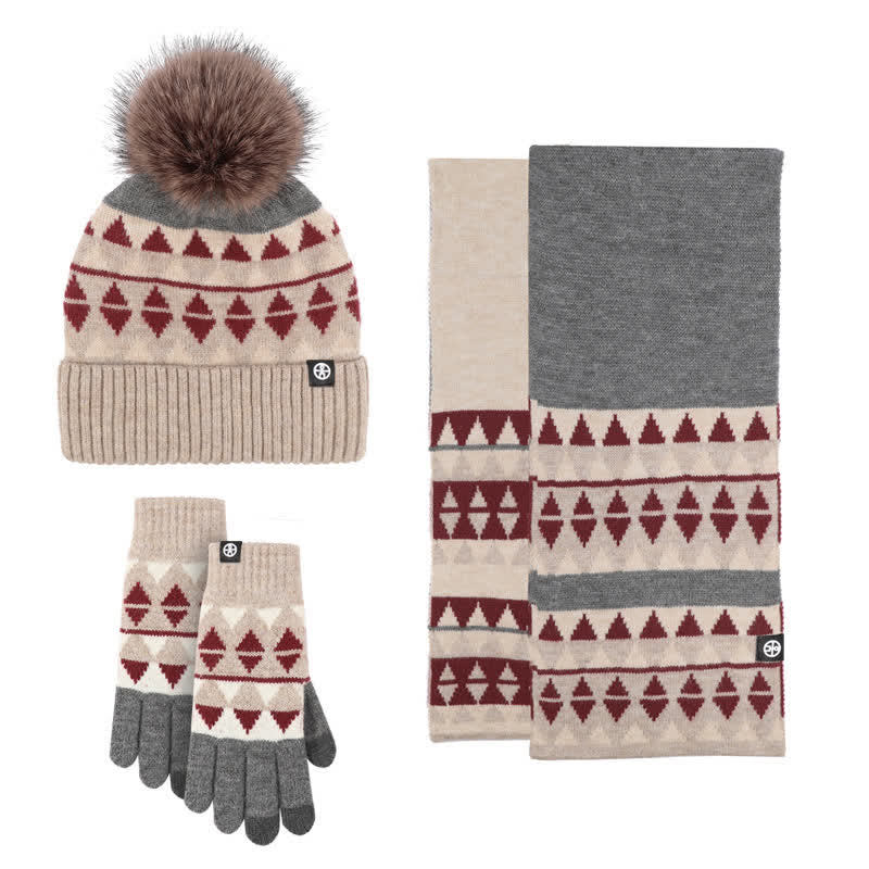 3 pezzi unisex triangolo modello pelliccia pompon cappello lavorato a maglia sciarpa guanti set - Rosso - Regolabile (21 1/4"-22 7/8") - image 2