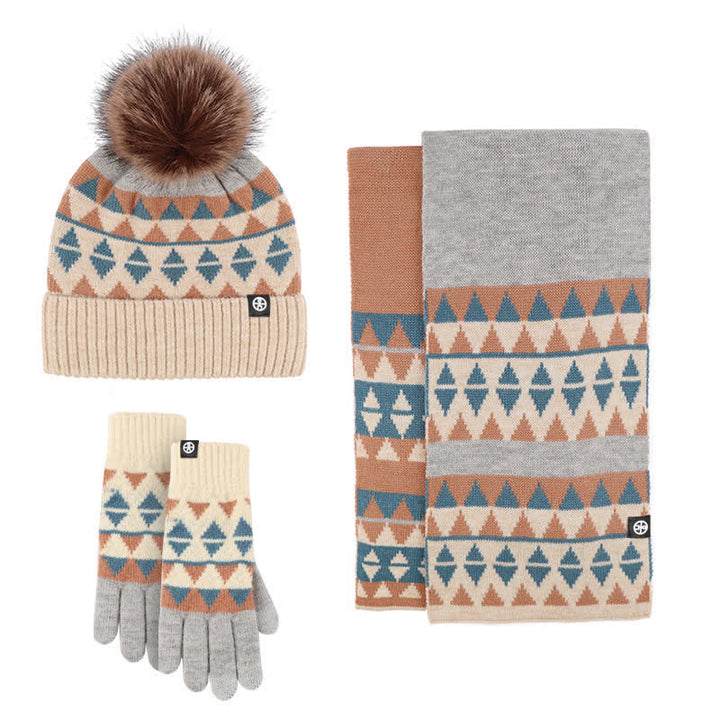3 pezzi unisex triangolo modello pelliccia pompon cappello lavorato a maglia sciarpa guanti set - Blu - Regolabile (21 1/4"-22 7/8") - image 8