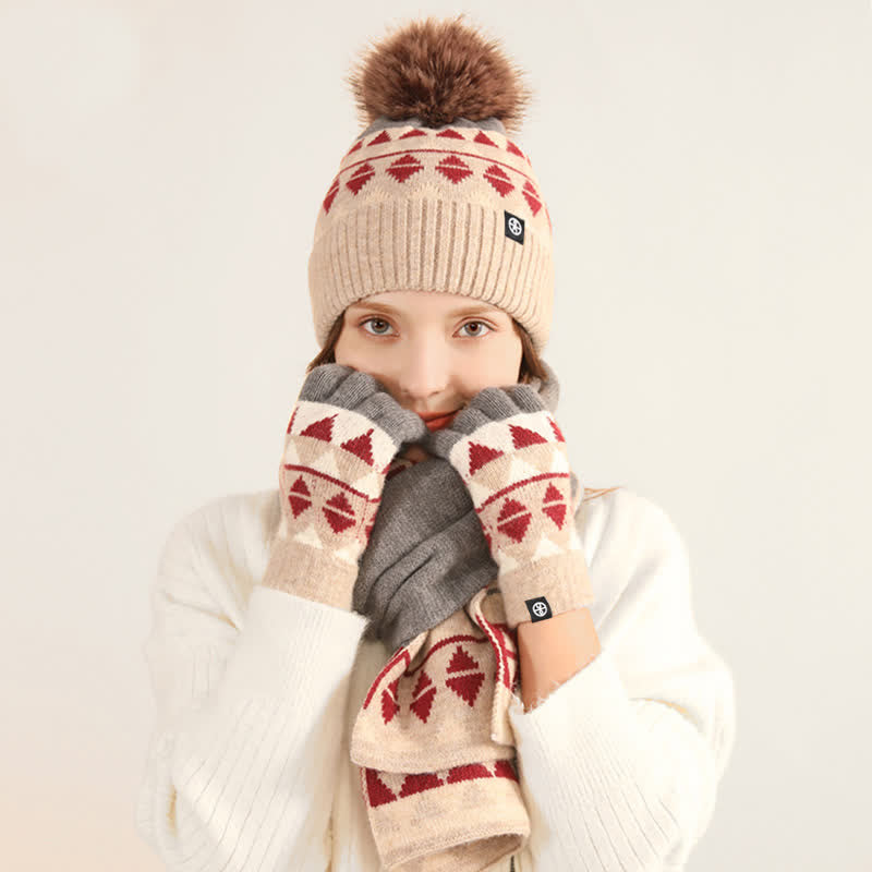 3 pezzi unisex triangolo modello pelliccia pompon cappello lavorato a maglia sciarpa guanti set - image 1