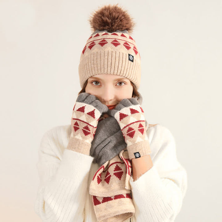 3 pezzi unisex triangolo modello pelliccia pompon cappello lavorato a maglia sciarpa guanti set - image 1