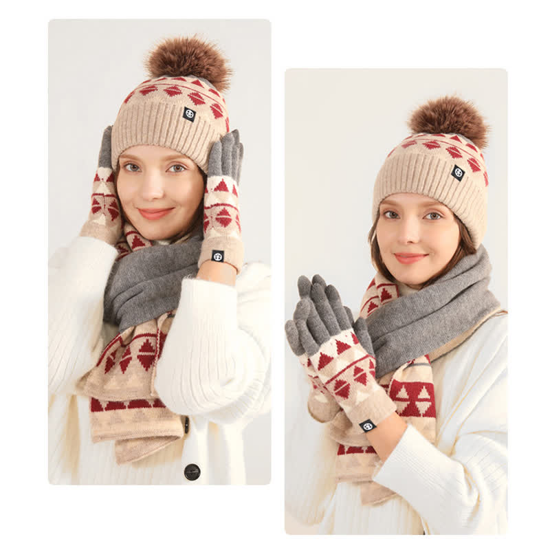 3 pezzi unisex triangolo modello pelliccia pompon cappello lavorato a maglia sciarpa guanti set - image 4