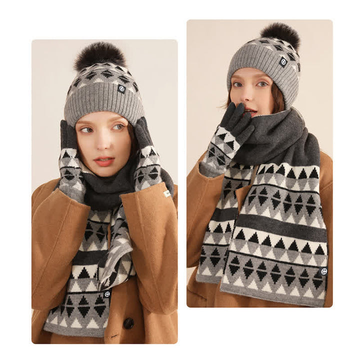 3 pezzi unisex triangolo modello pelliccia pompon cappello lavorato a maglia sciarpa guanti set - image 17