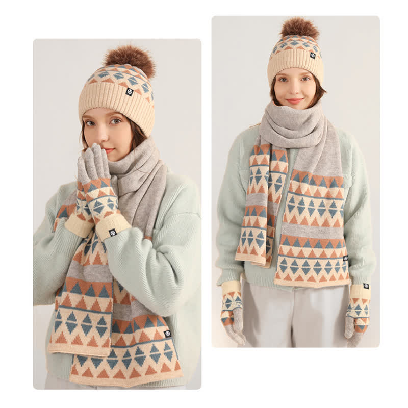 3 pezzi unisex triangolo modello pelliccia pompon cappello lavorato a maglia sciarpa guanti set - image 11
