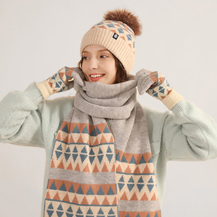 3 pezzi unisex triangolo modello pelliccia pompon cappello lavorato a maglia sciarpa guanti set - image 9