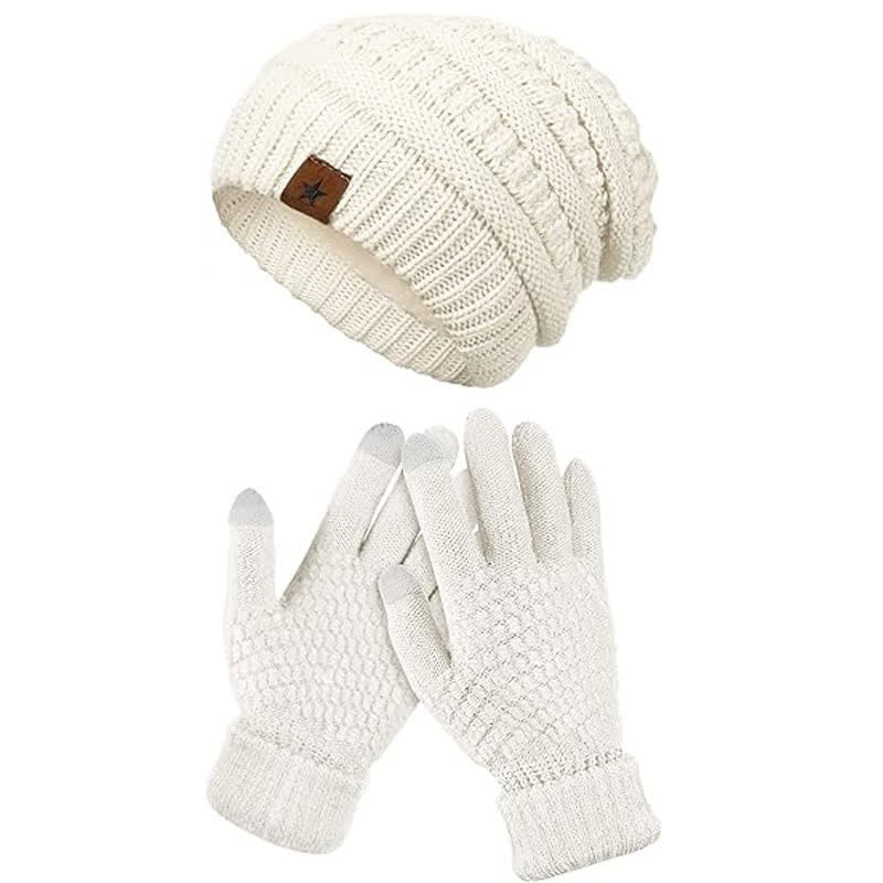 2 pezzi unisex semplice tinta unita lavorato a maglia cappello sciarpa guanti set - Bianco - Regolabile (21 1/4"-22 7/8") - image 1