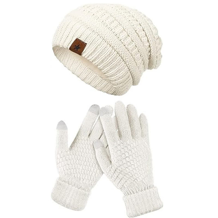 2 pezzi unisex semplice tinta unita lavorato a maglia cappello sciarpa guanti set - Bianco - Regolabile (21 1/4"-22 7/8") - image 1