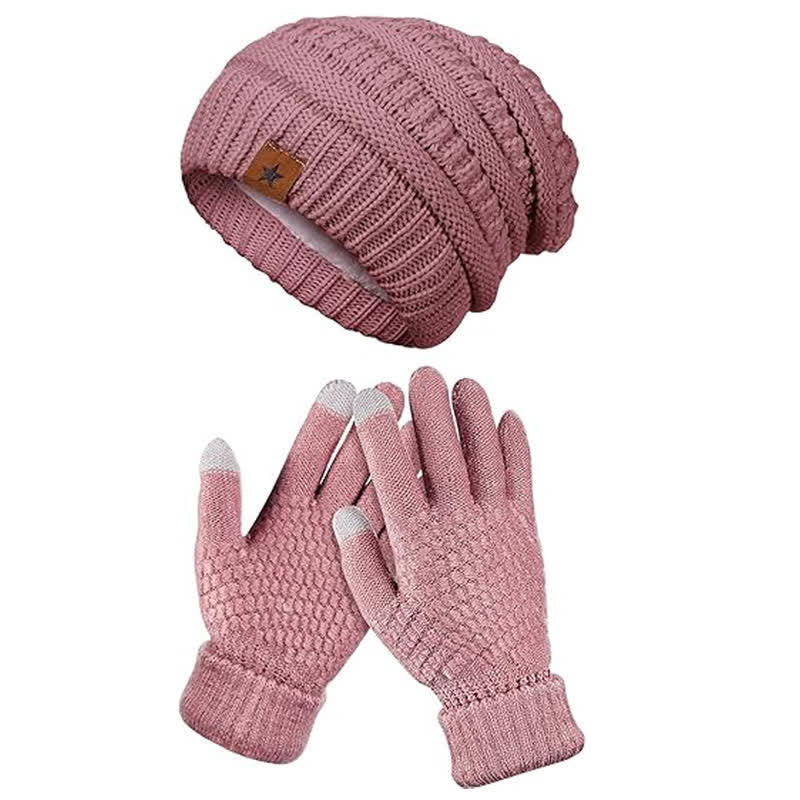 2 pezzi unisex semplice tinta unita lavorato a maglia cappello sciarpa guanti set - Rosa - Regolabile (21 1/4"-22 7/8") - image 4