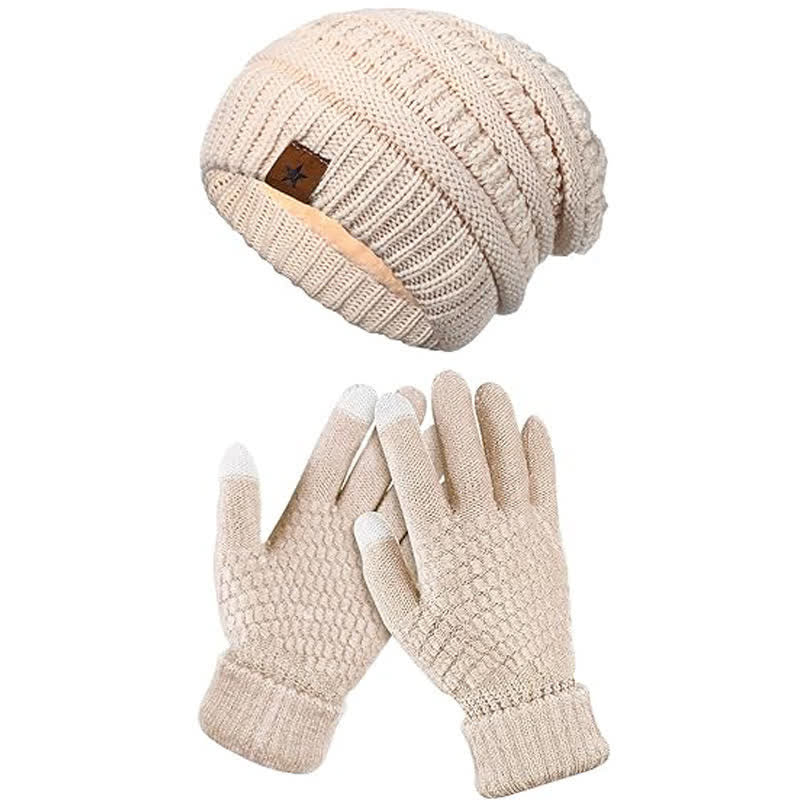 2 pezzi unisex semplice tinta unita lavorato a maglia cappello sciarpa guanti set - Avorio - Regolabile (21 1/4"-22 7/8") - image 2