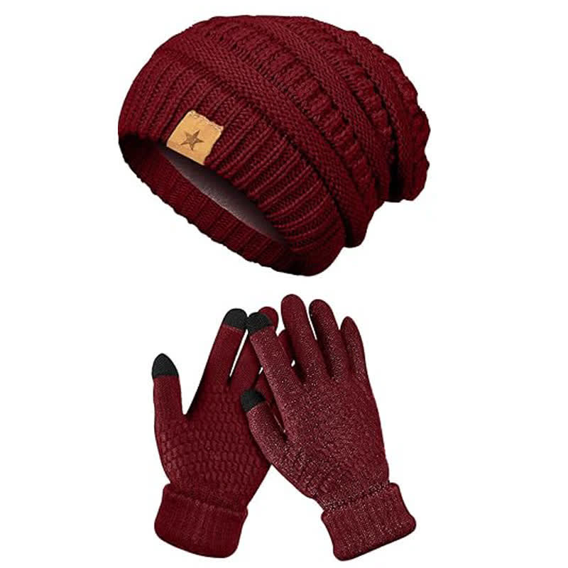 2 pezzi unisex semplice tinta unita lavorato a maglia cappello sciarpa guanti set - Borgogna - Regolabile (21 1/4"-22 7/8") - image 3