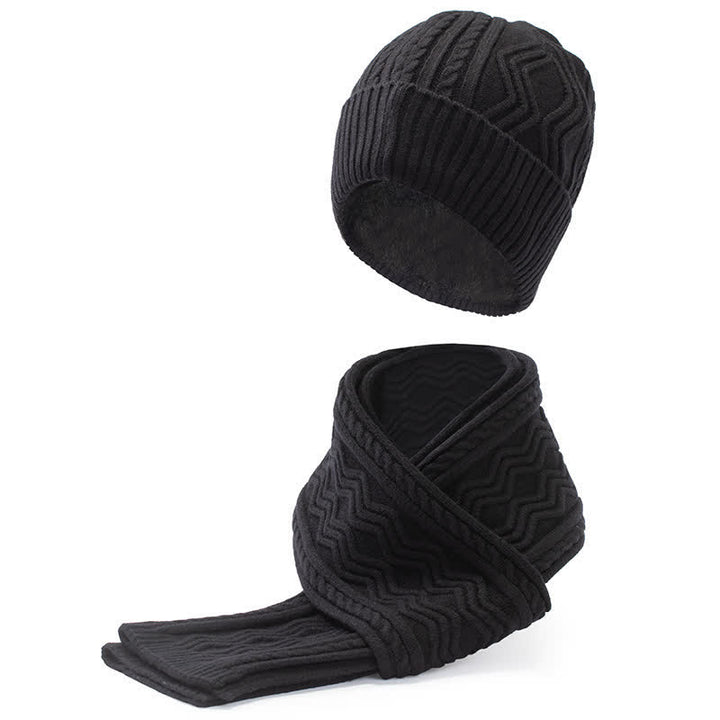 2 pezzi unisex jacquard tinta unita lavorato a maglia cappello sciarpa guanti set - Nero - Regolabile (21 1/4"-22 7/8") - image 3