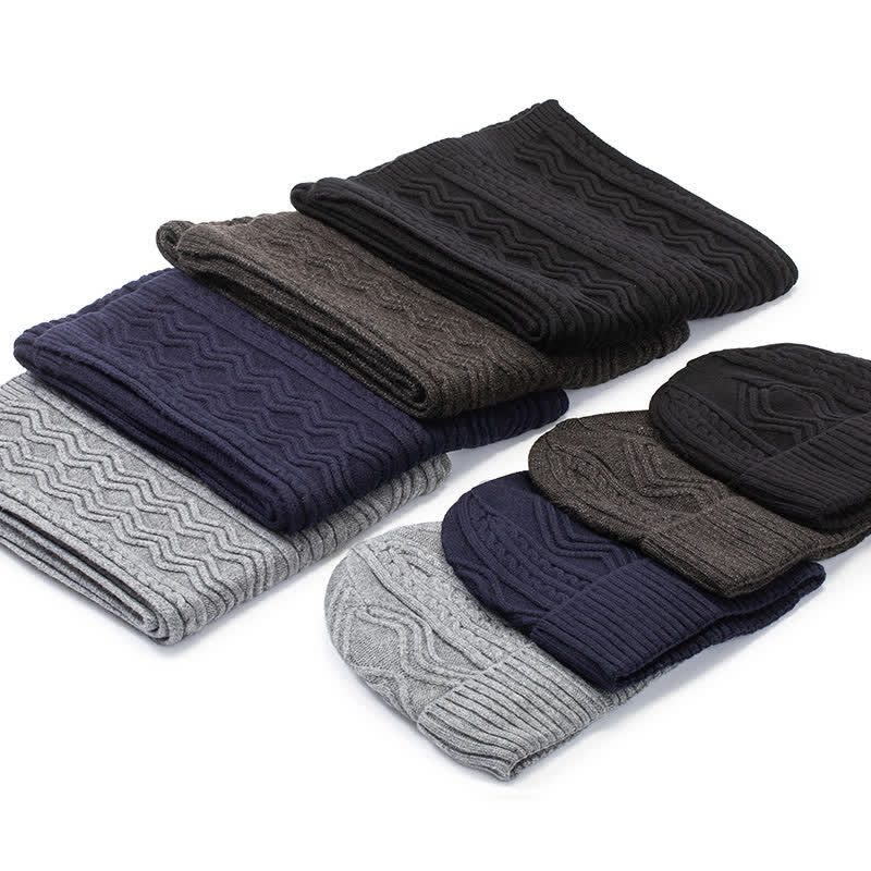 2 pezzi unisex jacquard tinta unita lavorato a maglia cappello sciarpa guanti set - image 1