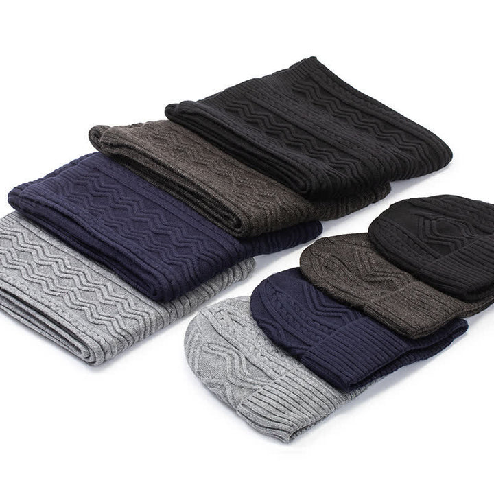 2 pezzi unisex jacquard tinta unita lavorato a maglia cappello sciarpa guanti set - image 1