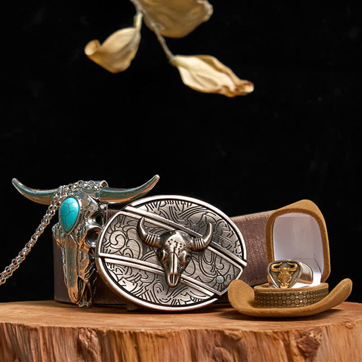 Set di anelli con ciondolo e fibbia per cintura con coltello nascosto fai da te a forma di toro Longhorn turchese - Oro - Cintura marrone anticata - 42 - image 9