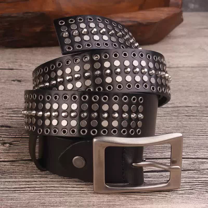 Cintura in pelle con borchie argentate a cinque file Rock - Nero - 42 - image 0