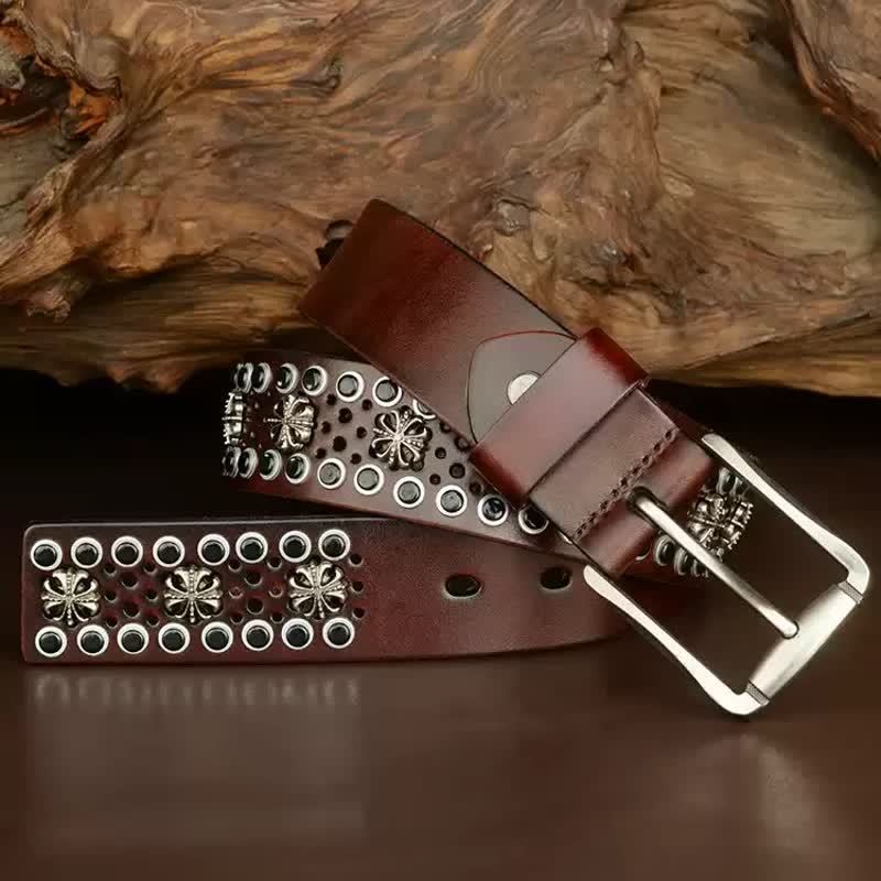Cintura in pelle con borchie vintage con fiore cavo Hip-Hop - Marrone - 40 - image 0