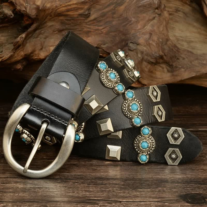 Cintura in pelle con borchie geometriche color turchese, elegante - Nero - 42 - image 0