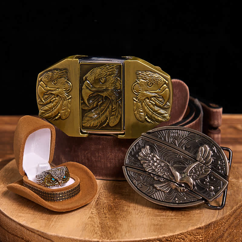 Set di anelli e fibbie per cintura con coltello nascosto fai da te a tema aquila - Aquila - Cintura marrone anticata - 42 - image 6