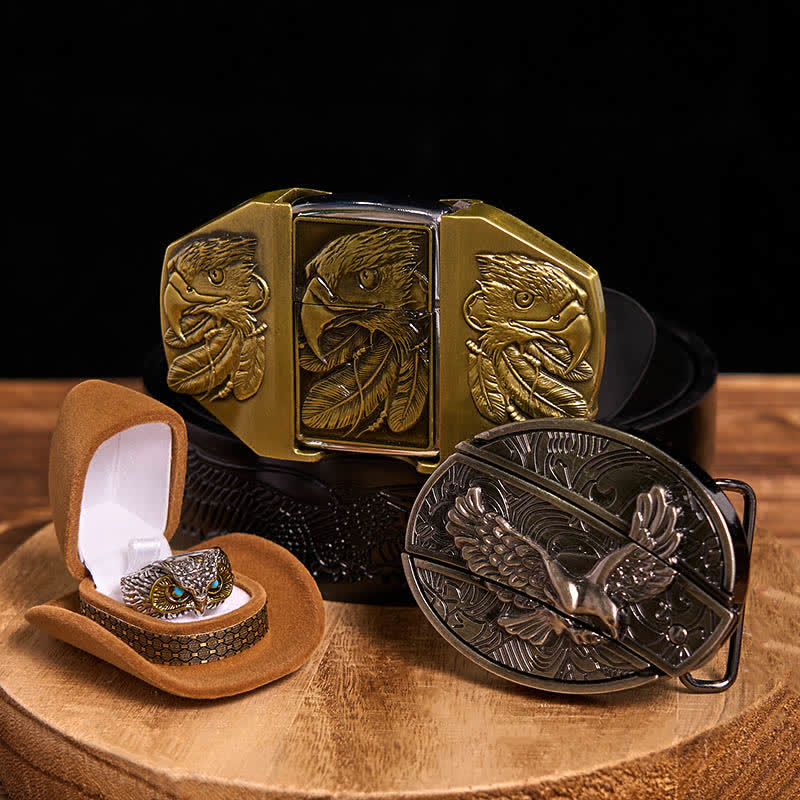 Set di anelli e fibbie per cintura con coltello nascosto fai da te a tema aquila - Aquila - Cintura con aquila in rilievo nera - 42 - image 0
