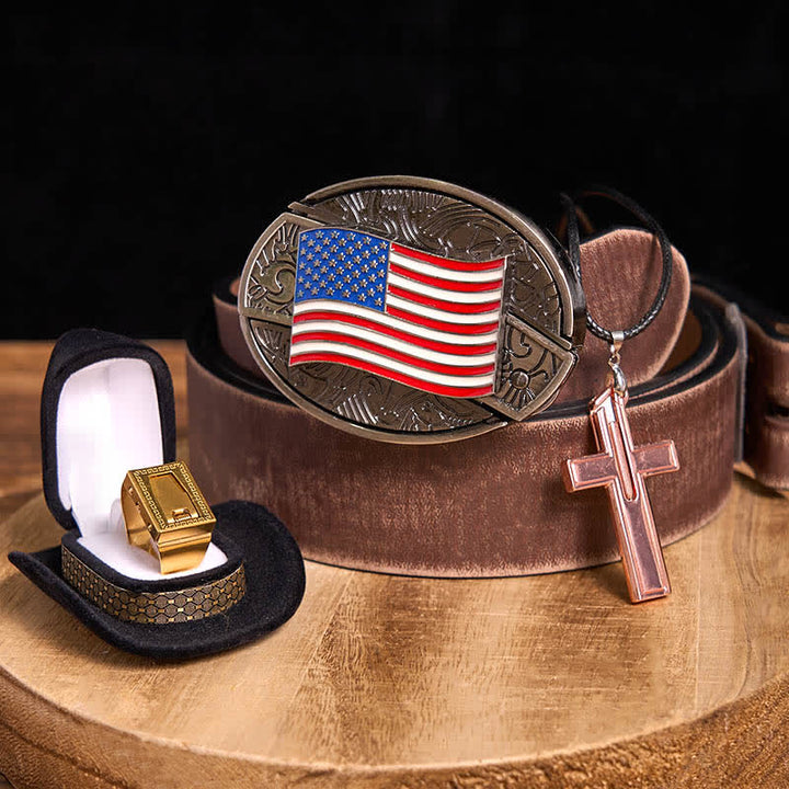 Set fai da te con fibbia per cintura, coltello nascosto con bandiera americana, croce, collana, lama e anello - Bandiera degli Stati Uniti - Cintura marrone anticata - 42 - image 5