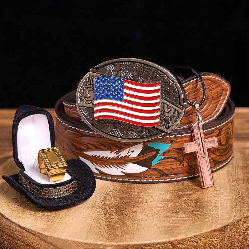 Set fai da te con fibbia per cintura, coltello nascosto con bandiera americana, croce, collana, lama e anello - Bandiera degli Stati Uniti - Cintura di piume marroni - 40 - image 6