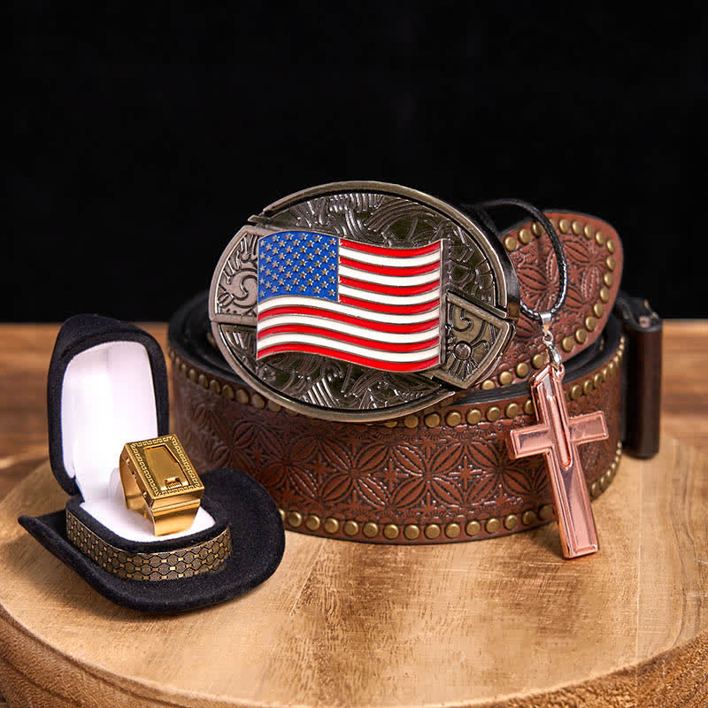 Set fai da te con fibbia per cintura, coltello nascosto con bandiera americana, croce, collana, lama e anello - Bandiera degli Stati Uniti - Cintura con rivetti marroni - 42 - image 4