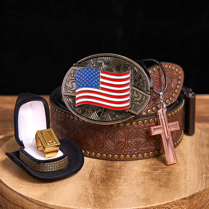Set fai da te con fibbia per cintura, coltello nascosto con bandiera americana, croce, collana, lama e anello - Bandiera degli Stati Uniti - Cintura con rivetti marroni - 42 - image 4