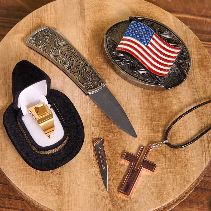 Set fai da te con fibbia per cintura, coltello nascosto con bandiera americana, croce, collana, lama e anello - image 2