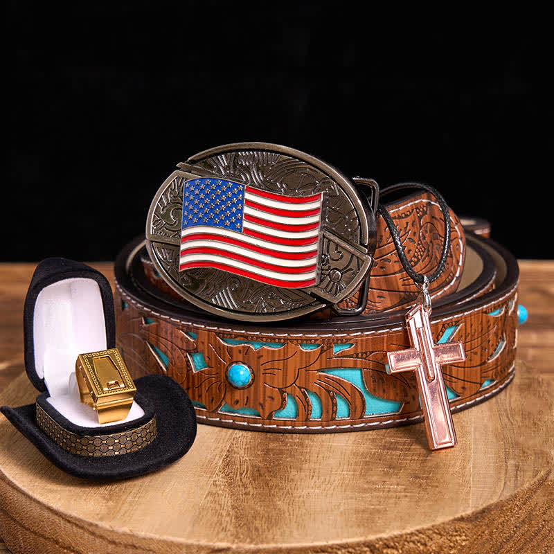 Set fai da te con fibbia per cintura, coltello nascosto con bandiera americana, croce, collana, lama e anello - Bandiera degli Stati Uniti - Cintura intagliata turchese - 42 - image 3