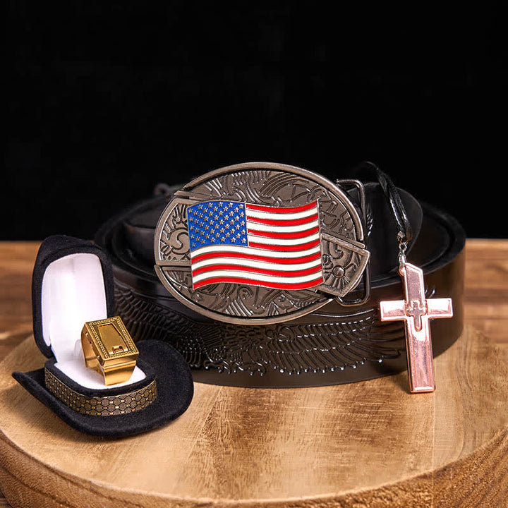 Set fai da te con fibbia per cintura, coltello nascosto con bandiera americana, croce, collana, lama e anello - Bandiera degli Stati Uniti - Cintura con aquila in rilievo nera - 42 - image 0