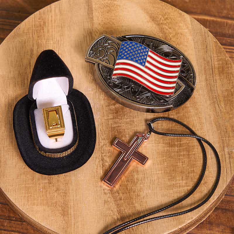 Set fai da te con fibbia per cintura, coltello nascosto con bandiera americana, croce, collana, lama e anello - Bandiera degli Stati Uniti - Senza cintura - Cintura non inclusa - image 1