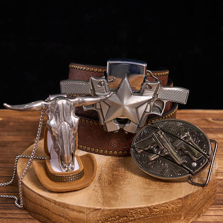 Set fai da te con doppia pistola, coltello nascosto, fibbia per cintura, ciondolo a forma di toro e accendino a cherosene - Doppie pistole - Cintura con rivetti marroni - 42 - image 5