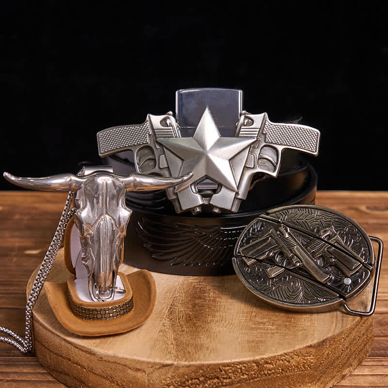 Set fai da te con doppia pistola, coltello nascosto, fibbia per cintura, ciondolo a forma di toro e accendino a cherosene - Doppie pistole - Cintura con aquila in rilievo nera - 42 - image 4