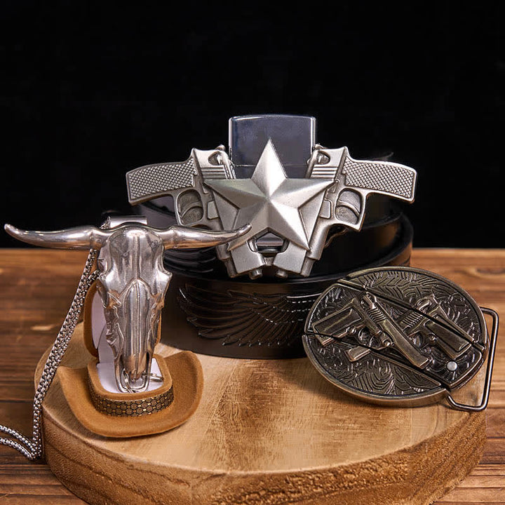 Set fai da te con doppia pistola, coltello nascosto, fibbia per cintura, ciondolo a forma di toro e accendino a cherosene - Doppie pistole - Cintura con aquila in rilievo nera - 42 - image 4