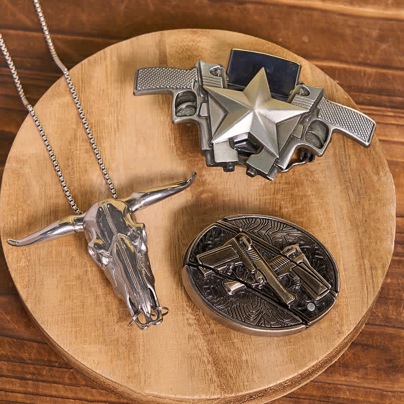 Set fai da te con doppia pistola, coltello nascosto, fibbia per cintura, ciondolo a forma di toro e accendino a cherosene - Doppie pistole - Senza cintura - Cintura non inclusa - image 1