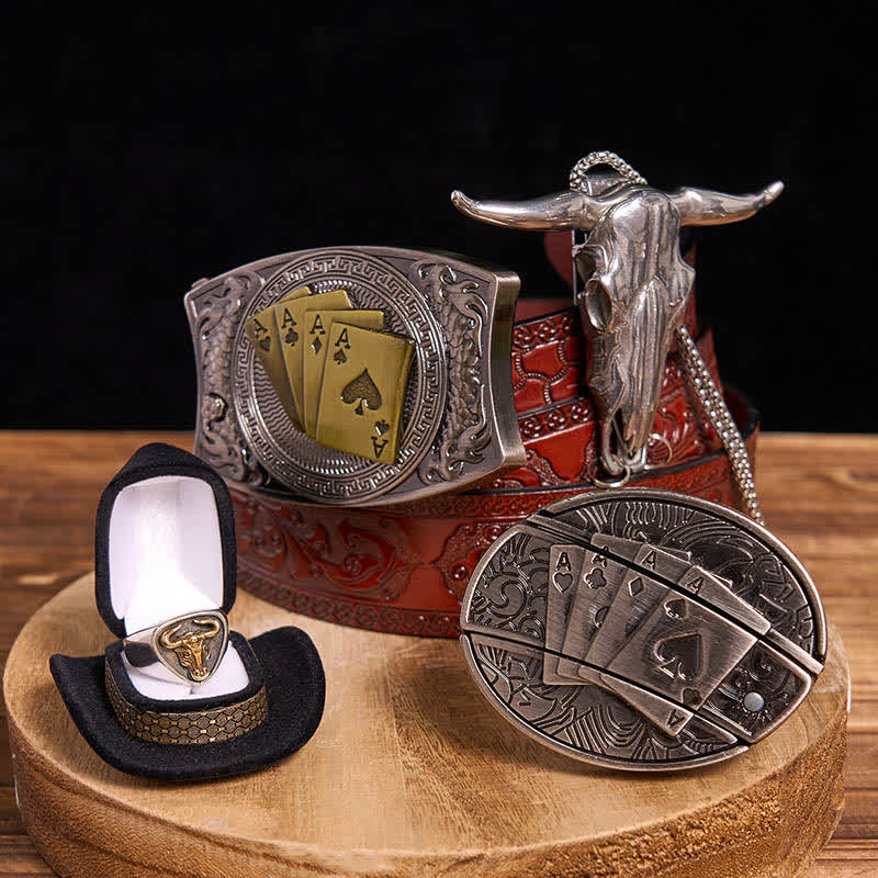 Set di ciondoli a forma di corno di bue con fibbia per cintura, coltello nascosto da poker fai da te - Poker - Cintura marrone intagliata - 42 - image 8