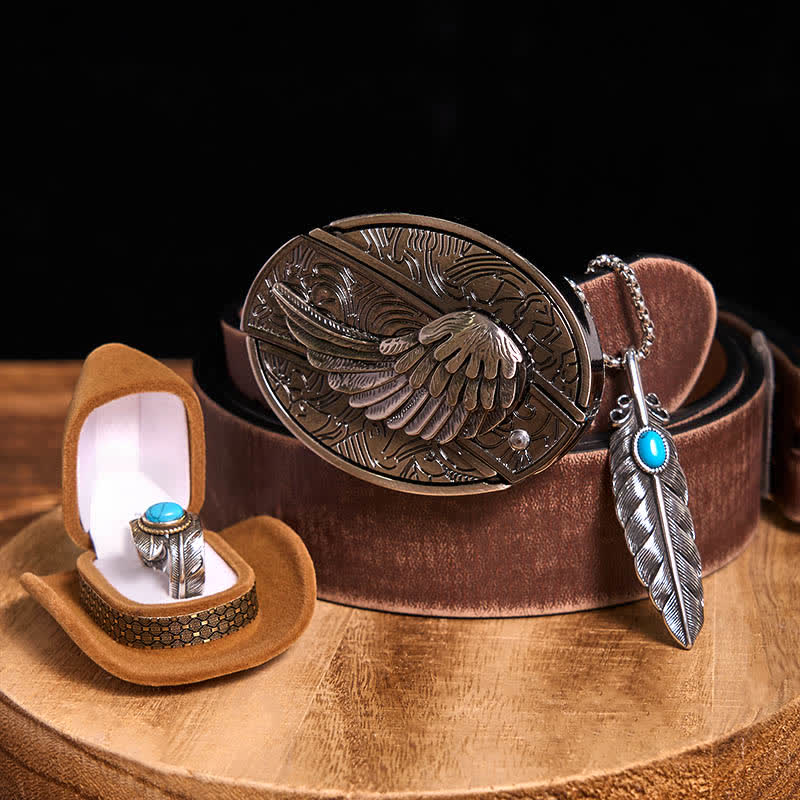Set di anelli con collana e piuma turchese fai da te con fibbia per cintura con coltello nascosto Angle Wing - Ali - Cintura marrone anticata - 42 - image 13