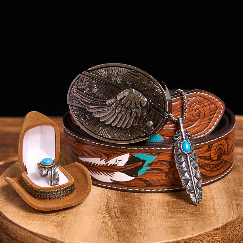 Set di anelli con collana e piuma turchese fai da te con fibbia per cintura con coltello nascosto Angle Wing - Ali - Cintura di piume marroni - 40 - image 0