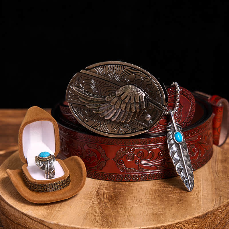 Set di anelli con collana e piuma turchese fai da te con fibbia per cintura con coltello nascosto Angle Wing - Ali - Cintura marrone intagliata - 42 - image 14