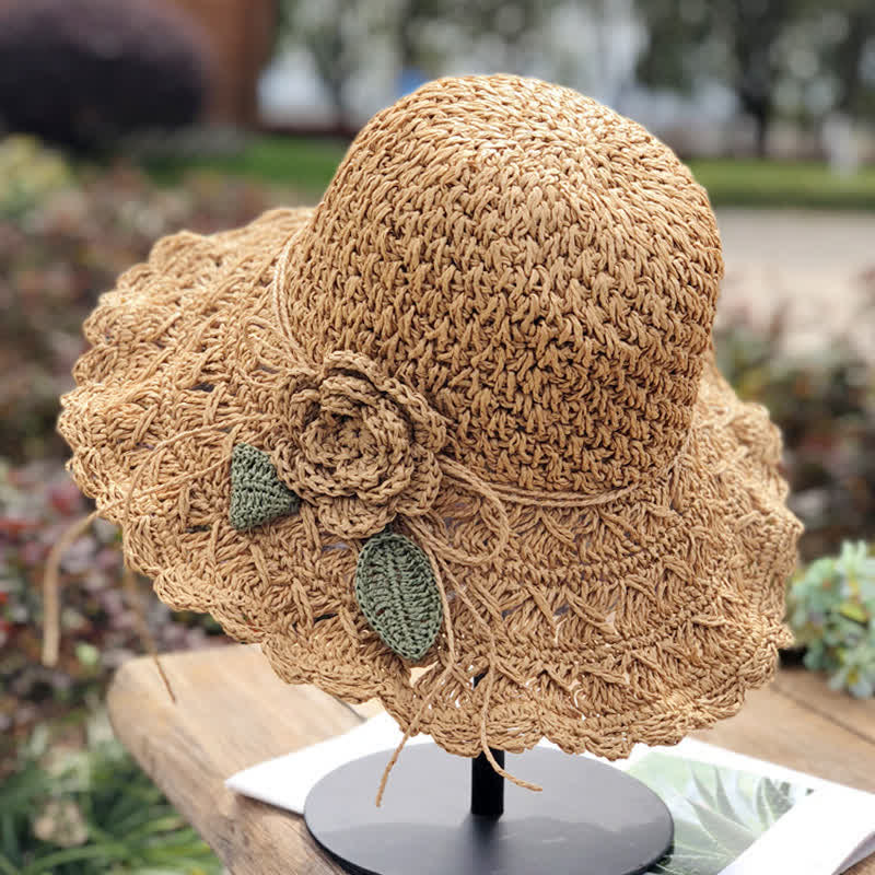 Elegante cappello di paglia pieghevole estivo all'uncinetto con dettagli floreali - Cachi - Misura M (22"-22 7/8") - image 0