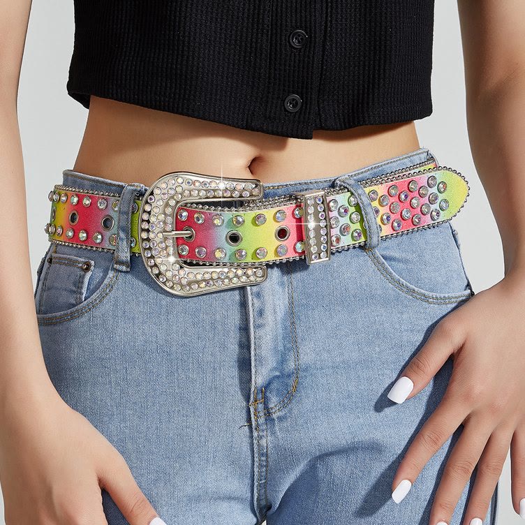Cintura in pelle con strass arcobaleno colorato da donna - image 1