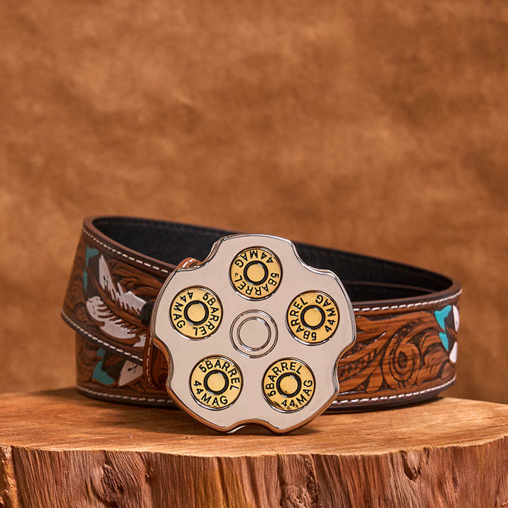 Cintura in pelle con fibbia da cowboy western fai da te con ruota proiettile 3D - Ruota proiettile - Cintura di piume marroni - 40 - image 7
