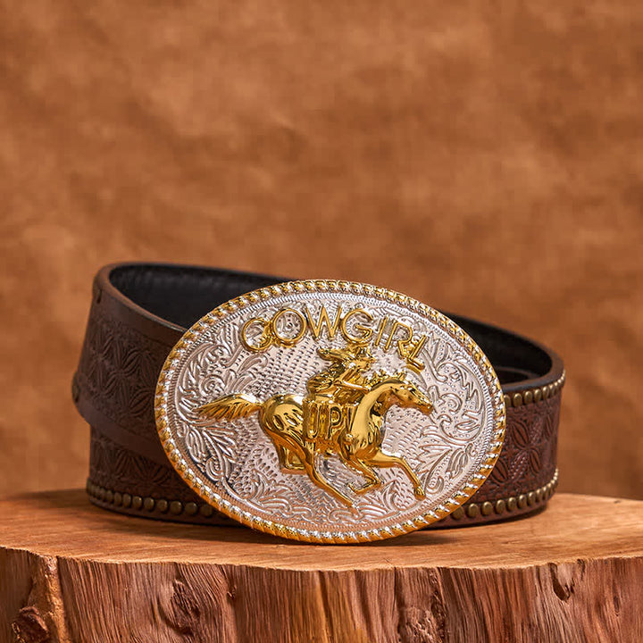Cintura in pelle con fibbia per equitazione fai da te in oro e argento, stile cowgirl - Oro e Argento - Cintura con rivetti marroni - 42 - image 5
