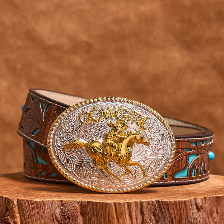 Cintura in pelle con fibbia per equitazione fai da te in oro e argento, stile cowgirl - Oro e Argento - Cintura intagliata turchese - 42 - image 4