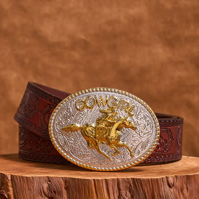 Cintura in pelle con fibbia per equitazione fai da te in oro e argento, stile cowgirl - Oro e Argento - Cintura marrone intagliata - 42 - image 7