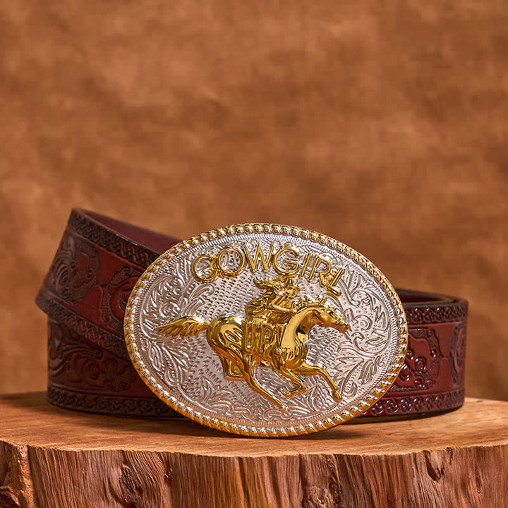 Cintura in pelle con fibbia per equitazione fai da te in oro e argento, stile cowgirl - Oro e Argento - Cintura marrone intagliata - 42 - image 7