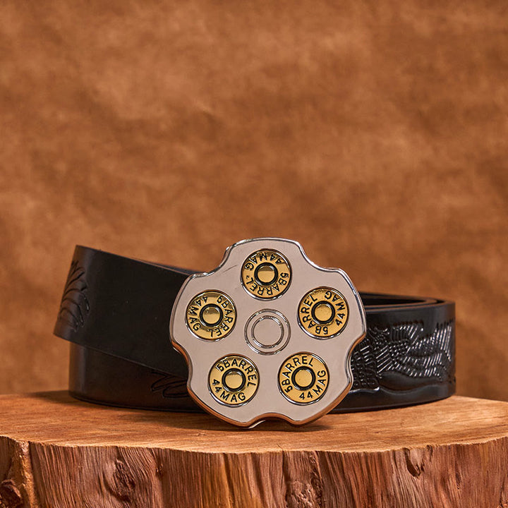 Cintura in pelle con fibbia da cowboy western fai da te con ruota proiettile 3D - Ruota proiettile - Cintura aquila nera in rilievo - 42 - image 2