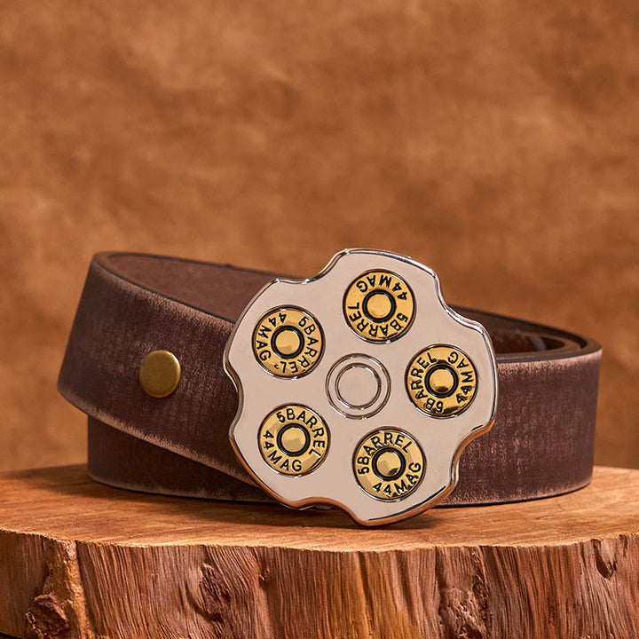 Cintura in pelle con fibbia da cowboy western fai da te con ruota proiettile 3D - Ruota proiettile - Cintura marrone anticata - 42 - image 5