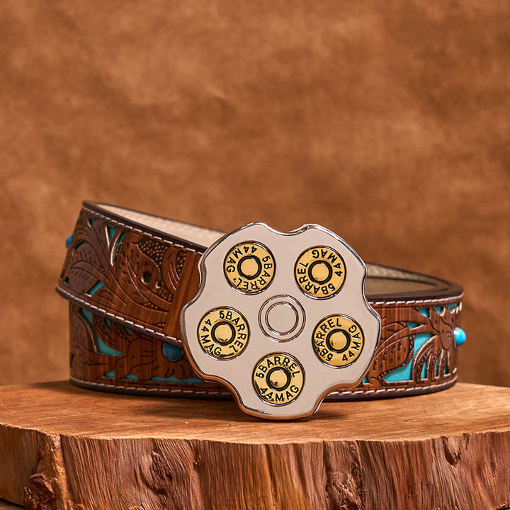 Cintura in pelle con fibbia da cowboy western fai da te con ruota proiettile 3D - Ruota proiettile - Cintura intagliata turchese - 42 - image 3