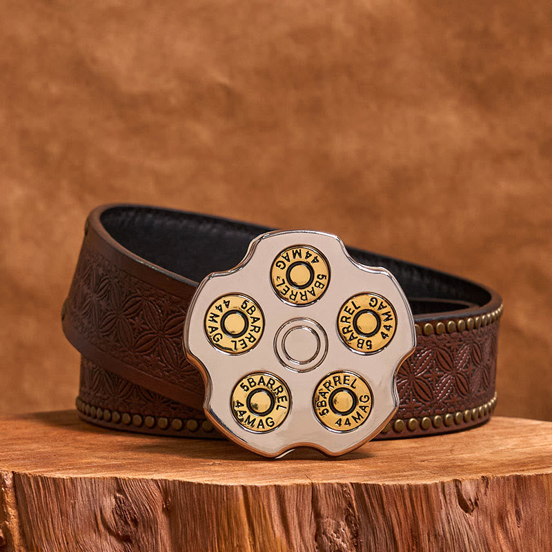 Cintura in pelle con fibbia da cowboy western fai da te con ruota proiettile 3D - Ruota proiettile - Cintura con rivetti marroni - 42 - image 4