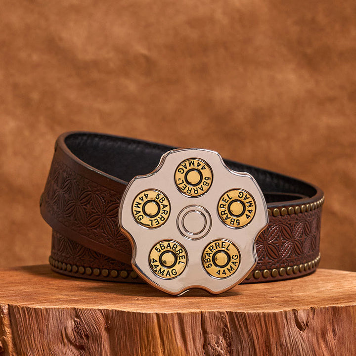Cintura in pelle con fibbia da cowboy western fai da te con ruota proiettile 3D - Ruota proiettile - Cintura con rivetti marroni - 42 - image 4